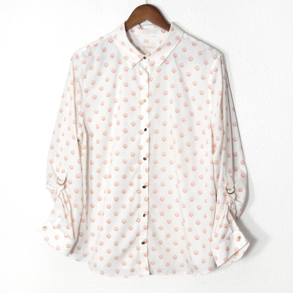 Chico's Button Down Shirt Size 16 White Seashell Print Cotton Coastal